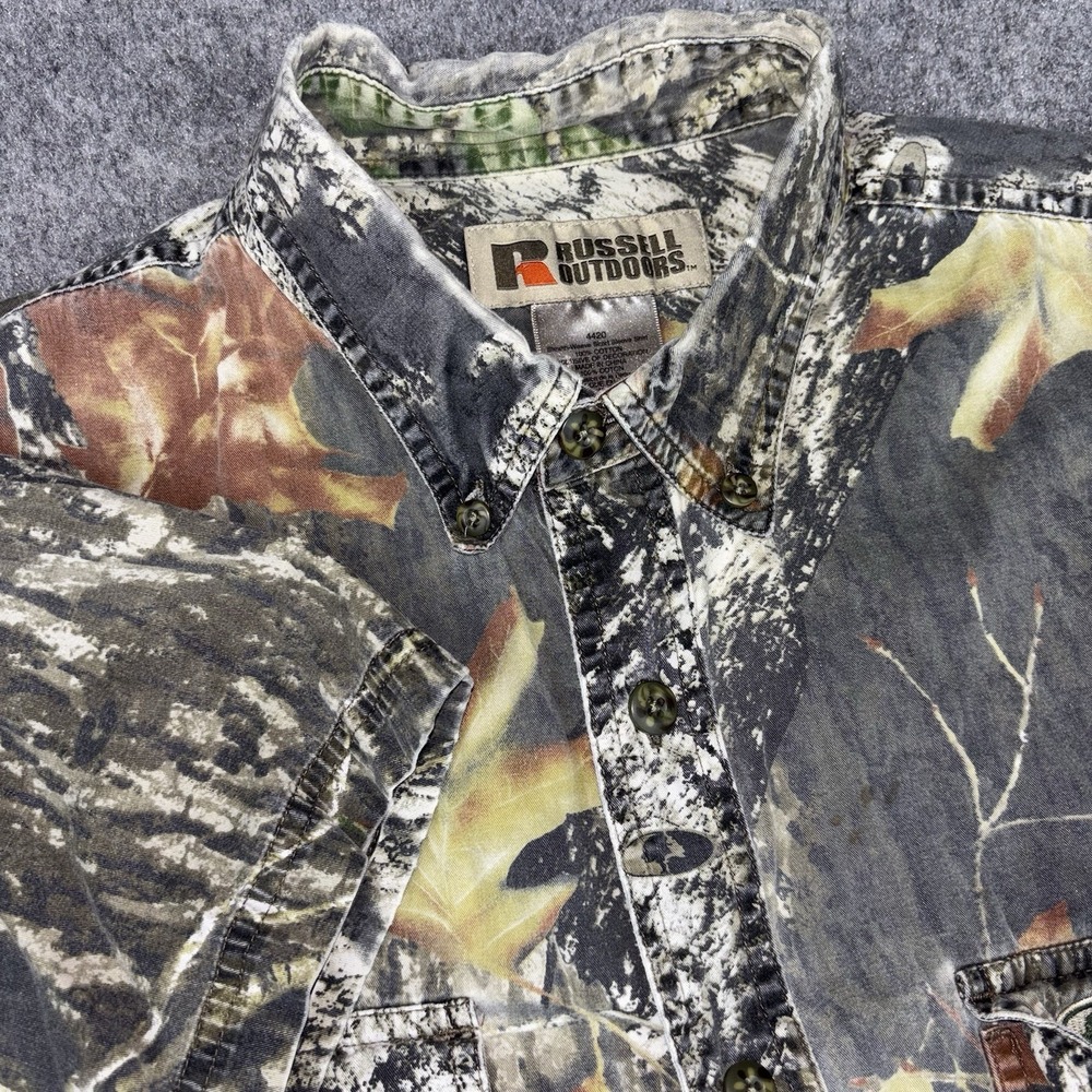 Russell Outdoors Camo Button Up Shirt Mens 2XL Short Sleeve Hunting Outdoor Deer